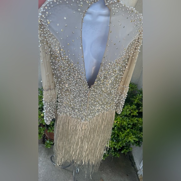 Vintage elegant cocktail dress beige sheer beads pearls sequins Peak Evenings XS - Picture 2 of 13